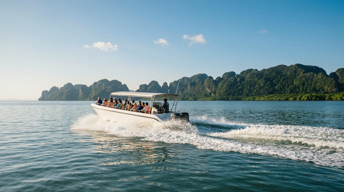 Speedboat crossing calm morning water near Phuket with passengers in life jackets, illustrating the flag system and life jacket rules covered in this Phuket boat tour safety guide