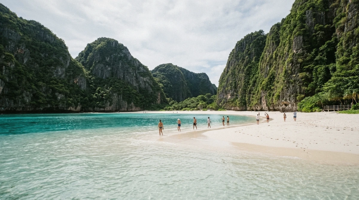 The curved white sand beach of Maya Bay seen from a Phi Phi Phuket boat tour, limestone cliffs framing both sides, Thailand