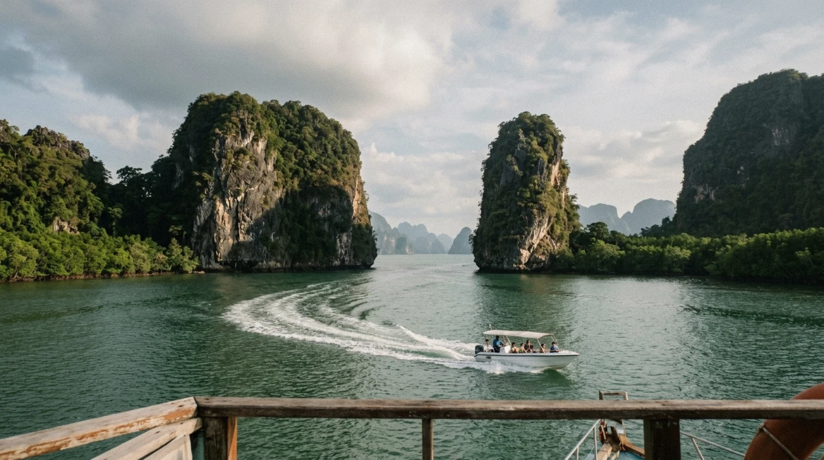 Speedboat crossing sheltered water between limestone karst towers on a Phang Nga Bay 6-island boat tour from Phuket, Thailand