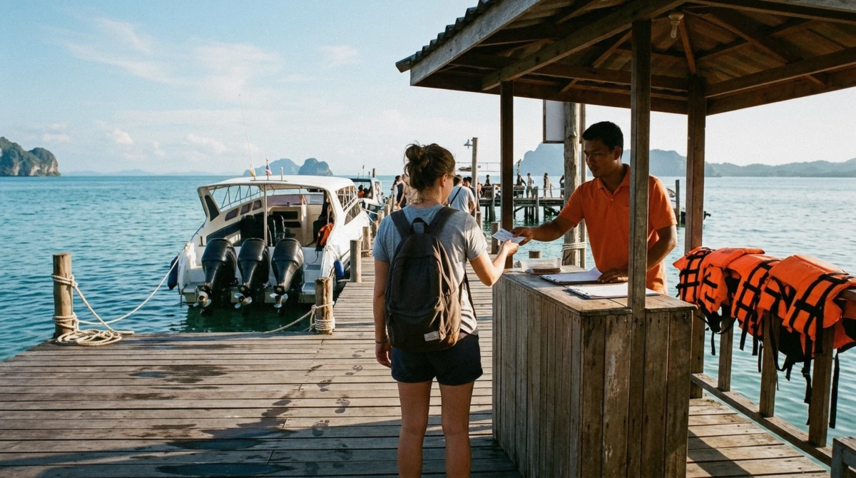 Travelers at a pier check-in desk paying the national park fee before boarding a Phuket boat tour, Thailand