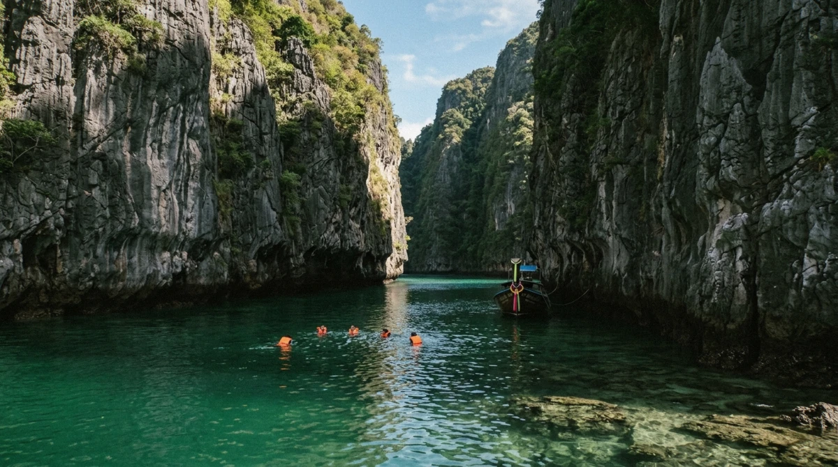 Turquoise water at Pileh Lagoon on a Phuket boat tour during the calm high season, limestone cliffs on both sides, Thailand