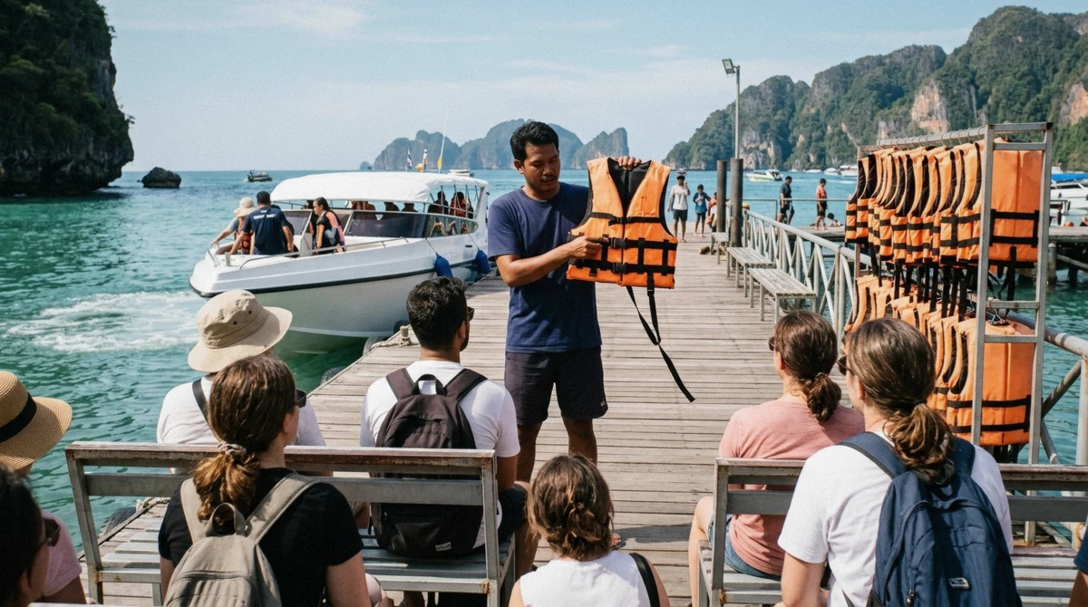 Crew member briefing passengers in life jackets before departure on a Phuket boat tour, part of the safety checks covered in this are Phuket boat tours safe guide