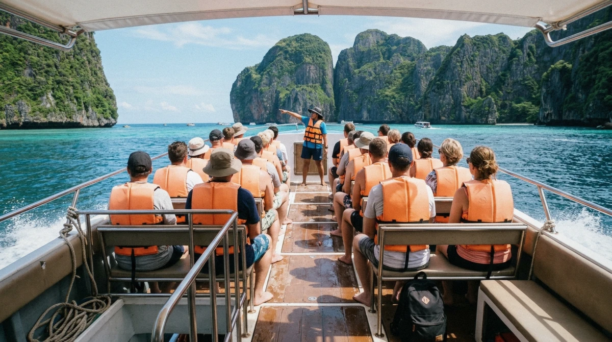 Passengers in life jackets seated on the open deck of a shared speedboat, the gear layout on a typical Phuket boat tour, Thailand